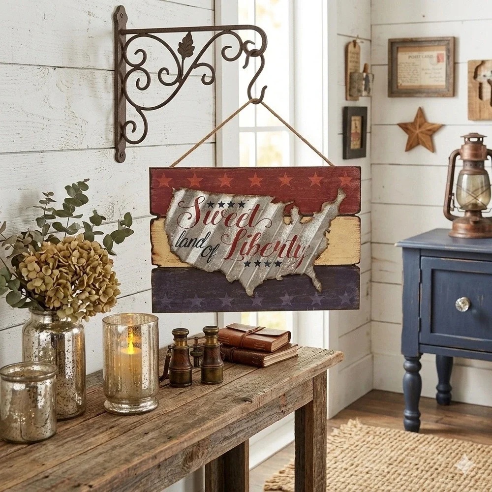 Sweet Land‎ of Liberty USA Map Metal Wood Patriotic Wall Sign Decor Americana